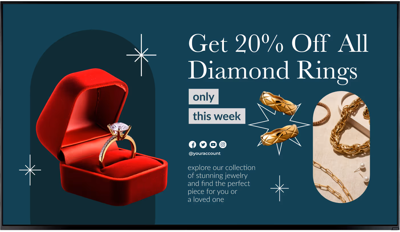 Red velvet ring box open showing a diamond ring, with text offering 20% off all diamond rings this week, and images of gold rings and jewelry.