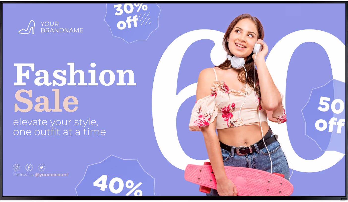 Young woman with headphones holding a pink skateboard wearing floral crop top and jeans, with Fashion Sale discounts on a purple background.