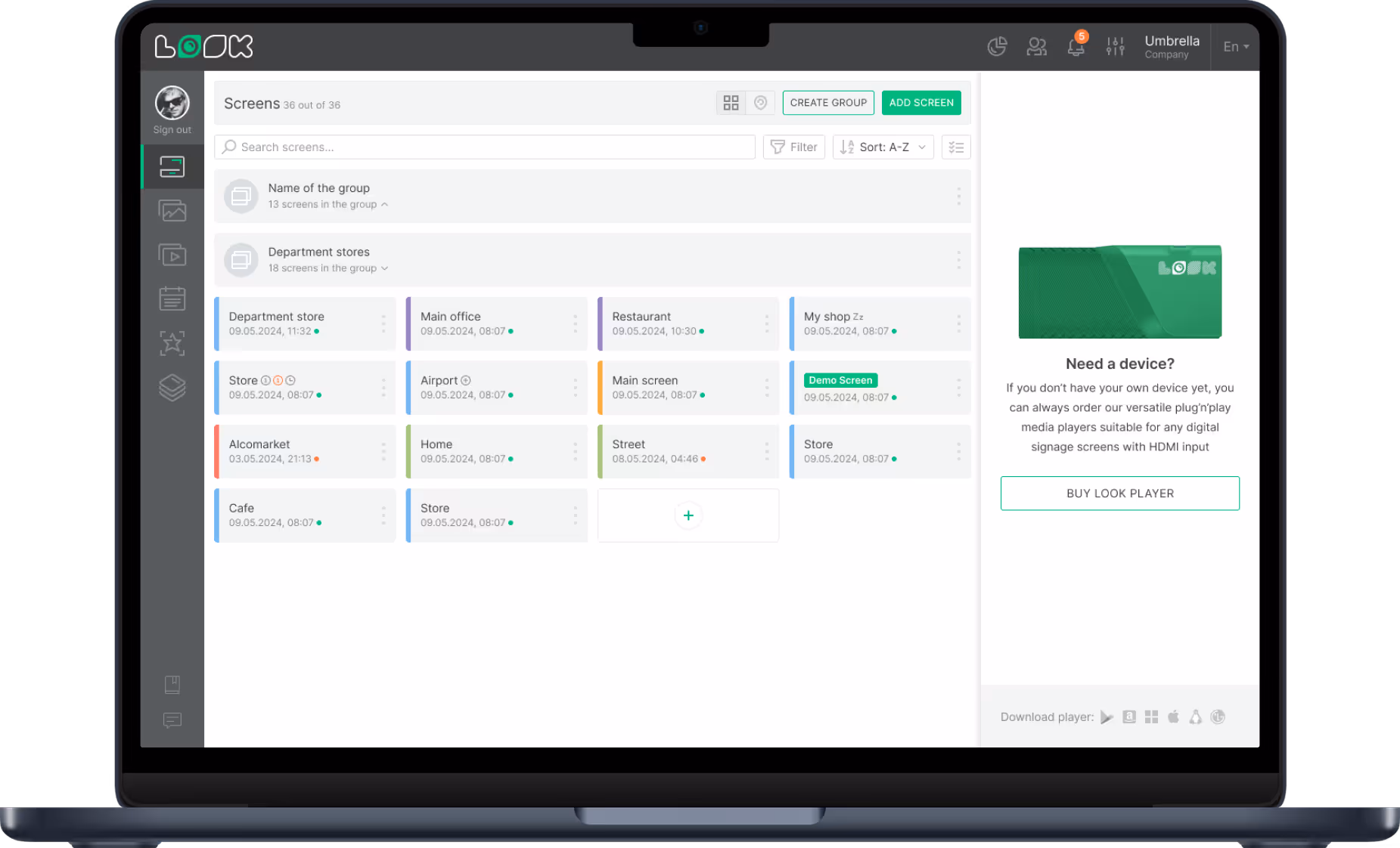 Dashboard on laptop screen displaying a digital signage management interface with groups of screens and an option to buy a LOOK player device.