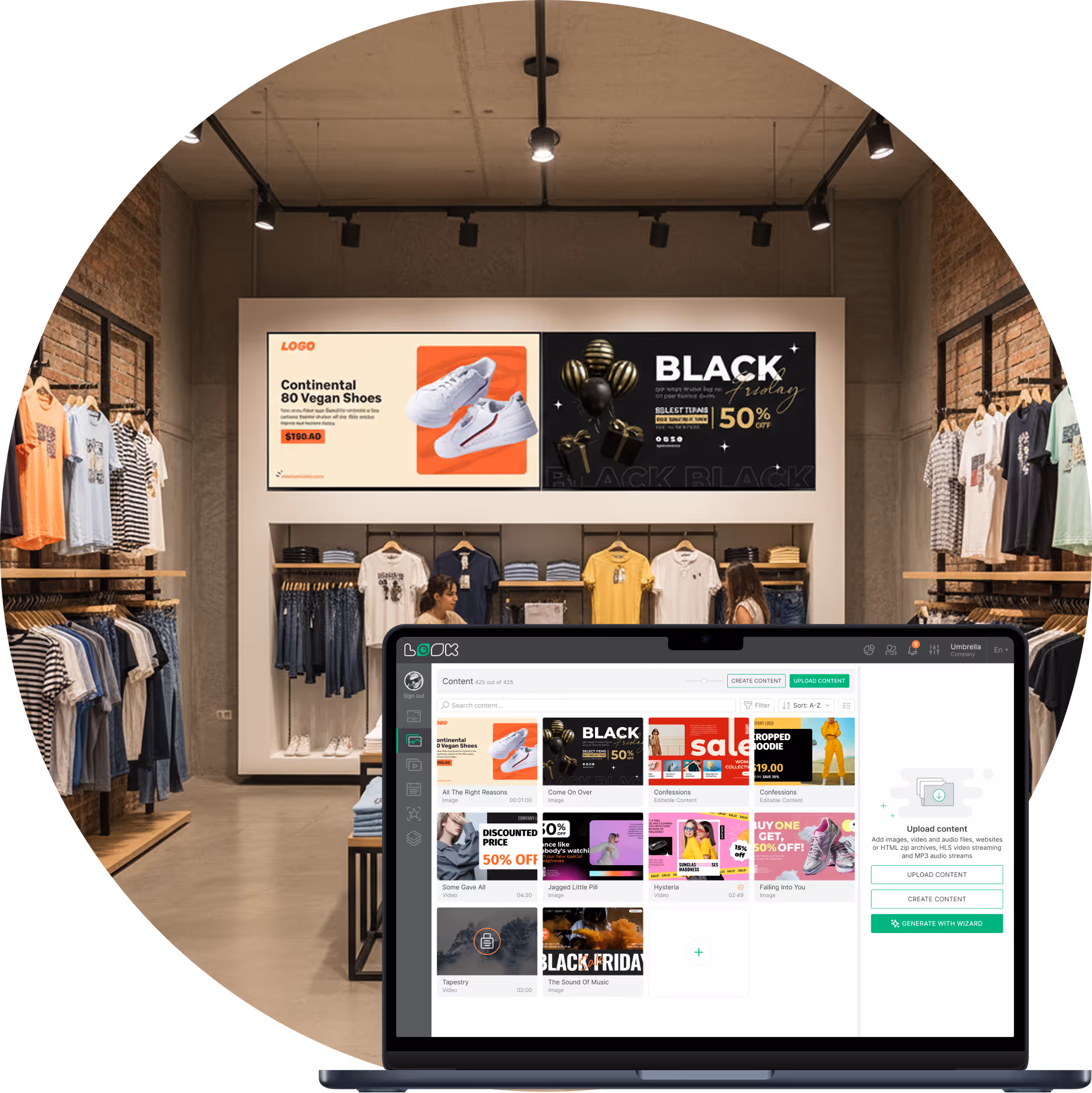 Clothing store interior with hanging shirts and jeans, and two women talking near the display; a laptop in the foreground shows digital content management software with promotional images.