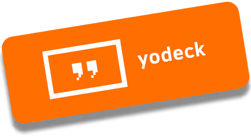 Orange rectangular badge with white quotation marks inside a square and the word 'yodeck' to the right.