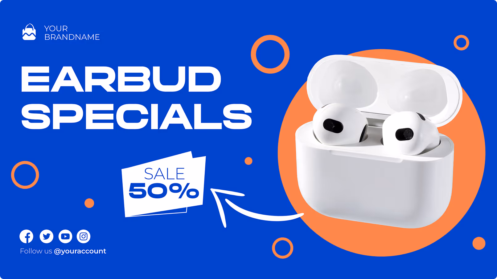 White wireless earbuds in an open charging case with a 50% sale promotion on a blue background with orange circles.