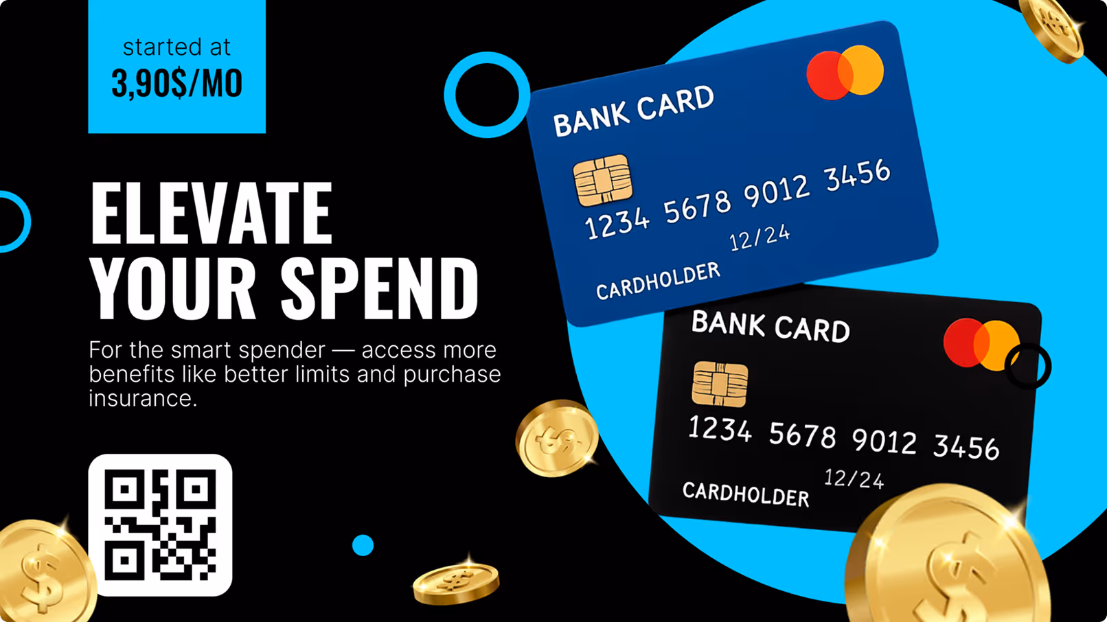 Two bank cards, one blue and one black, with credit card chip and numbers, surrounded by floating gold coins and a QR code, with text about smart spending starting at $3.90 per month.