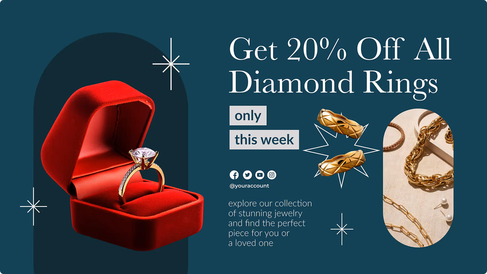 Gold diamond ring in red velvet box with text advertising 20% off all diamond rings this week and images of gold jewelry.