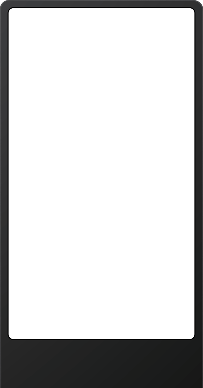 Blank black digital kiosk screen with dark gray frame on a white background.