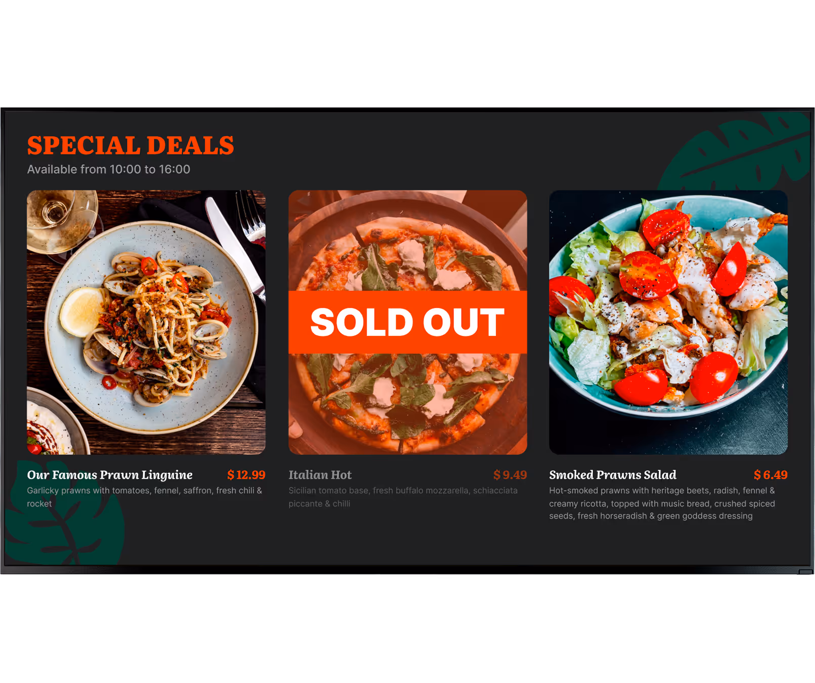 Special deals menu showing prawn linguine for $12.99, sold out Italian hot pizza for $9.49, and smoked prawns salad for $6.49.