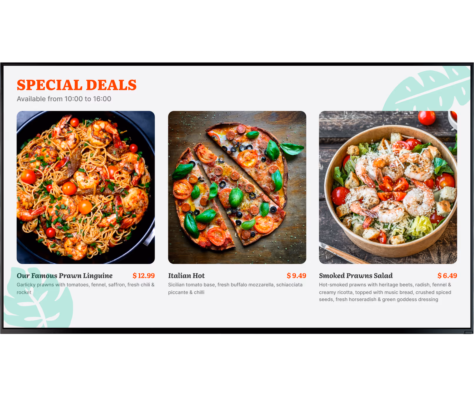 Special deals featuring three dishes: prawn linguine with cherry tomatoes, Italian hot pizza with basil and tomatoes, and smoked prawns salad with greens and croutons.