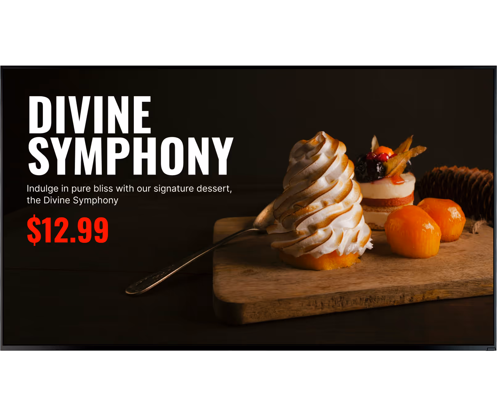 A dessert display with a swirl of toasted meringue, a layered cake topped with berries, and orange fruits on a wooden board.