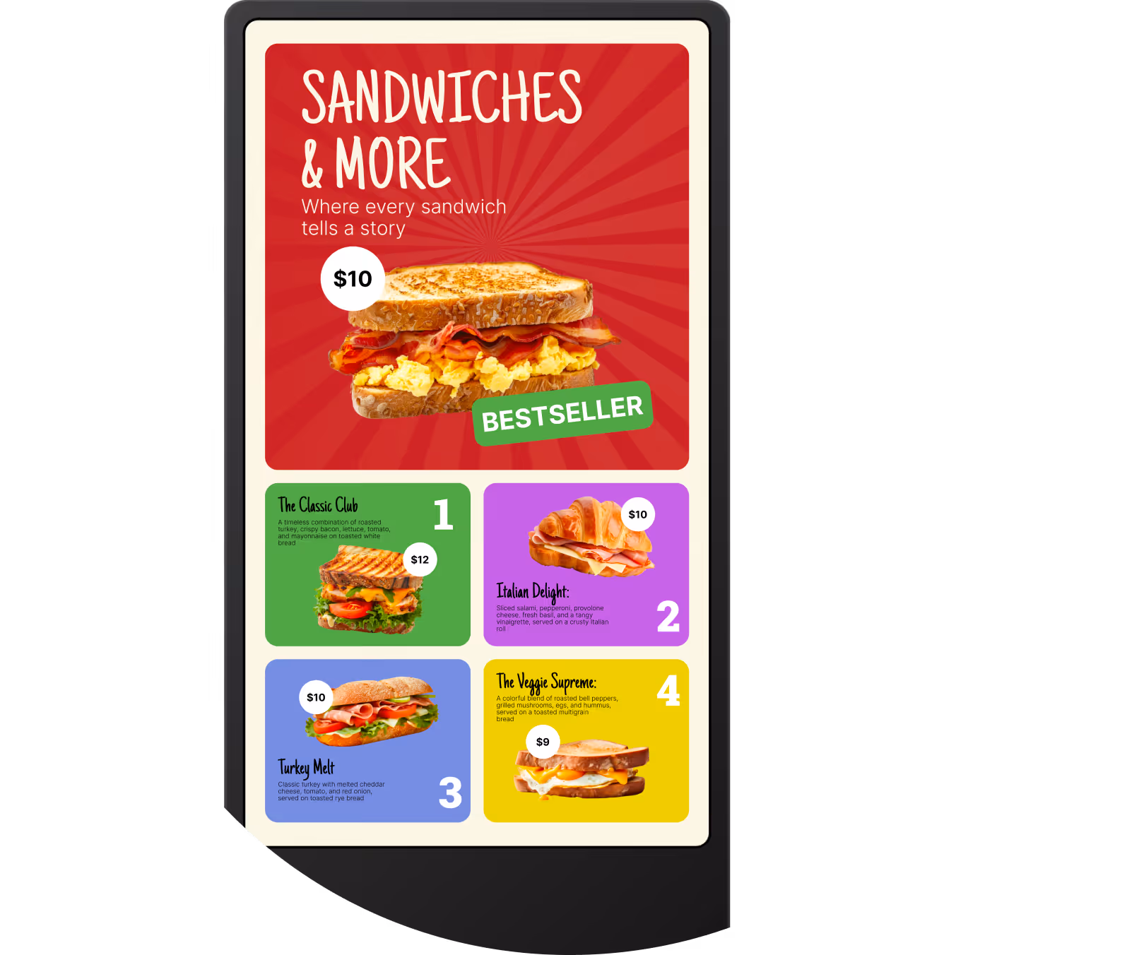 Digital menu screen featuring sandwiches including a $10 bestseller sandwich with bacon and scrambled eggs, classic club, Italian delight, turkey melt, and veggie supreme with prices.