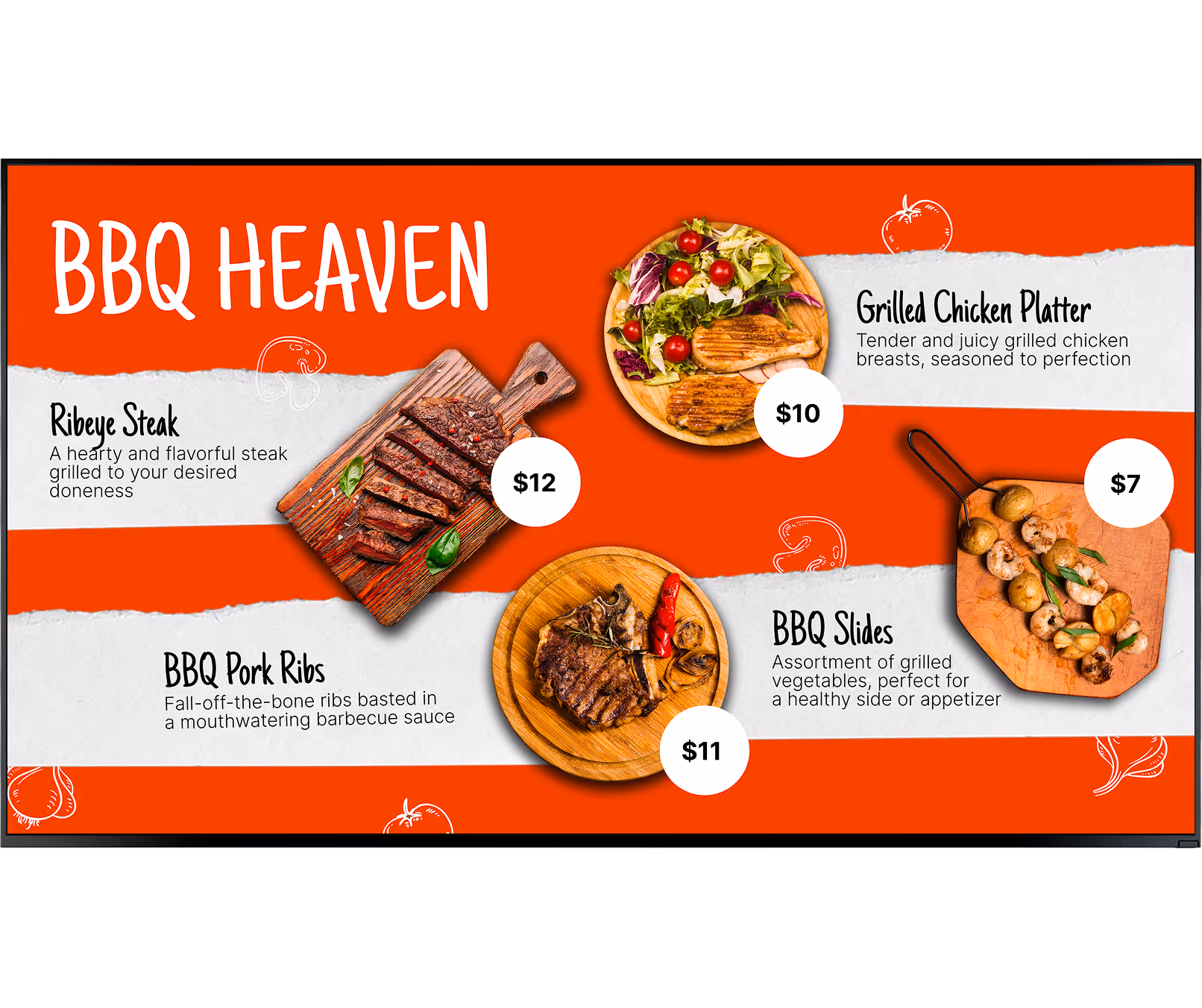 BBQ Heaven menu featuring Ribeye Steak on a wooden board, Grilled Chicken Platter with salad, BBQ Pork Ribs on a round wooden plate, and BBQ Slides with grilled vegetables on a wooden tray with prices from $7 to $12.