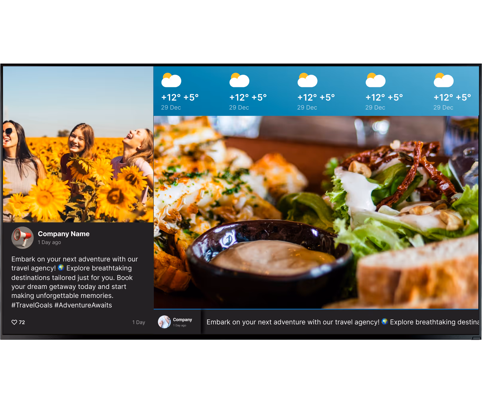 Social media travel agency post featuring three women smiling in a sunflower field, weather forecast for 29 Dec with temperatures +12° to +5°, and close-up of a meal with salad, bread, and dipping sauce.