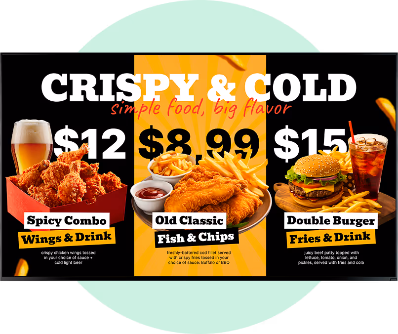 Menu showing three meal combos: Spicy Combo with wings and drink for $12, Old Classic fish and chips for $8.99, and Double Burger with fries and drink for $15.