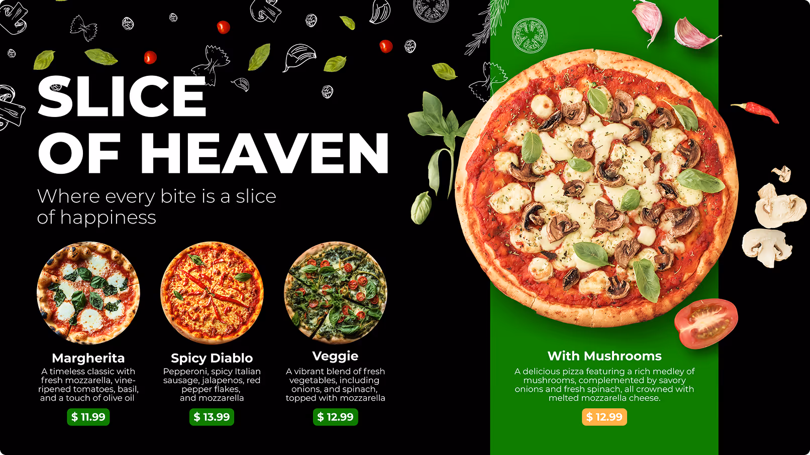 Four pizzas displayed with descriptions and prices: Margherita with mozzarella, tomatoes, basil; Spicy Diablo with pepperoni, sausage, jalapenos; Veggie with onions, spinach, mozzarella; and a mushroom pizza with mushrooms, onions, spinach, and mozzarella cheese.