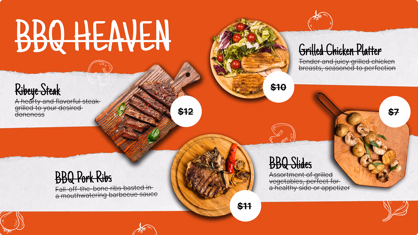 Barbecue menu with images and prices of ribeye steak, grilled chicken platter, BBQ pork ribs, and BBQ slides on orange background.