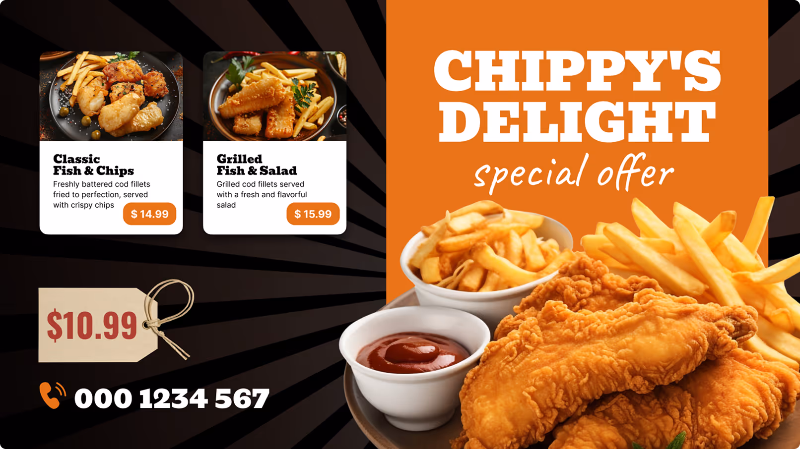 Plate of fried fish fillets with French fries and a bowl of ketchup alongside a special offer for Chippy's Delight priced at $10.99.