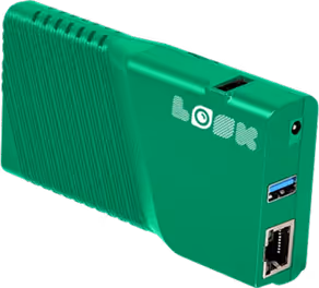 Green rectangular electronic device with ventilation slots, two USB ports, an Ethernet port, and the word 'LOOK' printed on it.