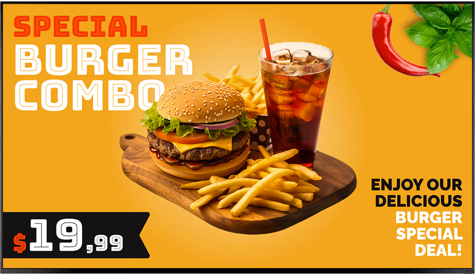Special burger combo with cheeseburger, French fries, and a glass of iced soda for $19.99 on a yellow background.
