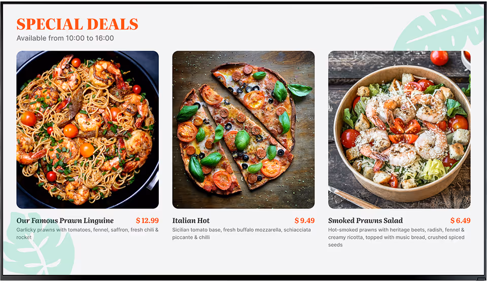 Menu board showing special deals on Our Famous Prawn Linguine, Italian Hot pizza, and Smoked Prawns Salad with prices and descriptions.