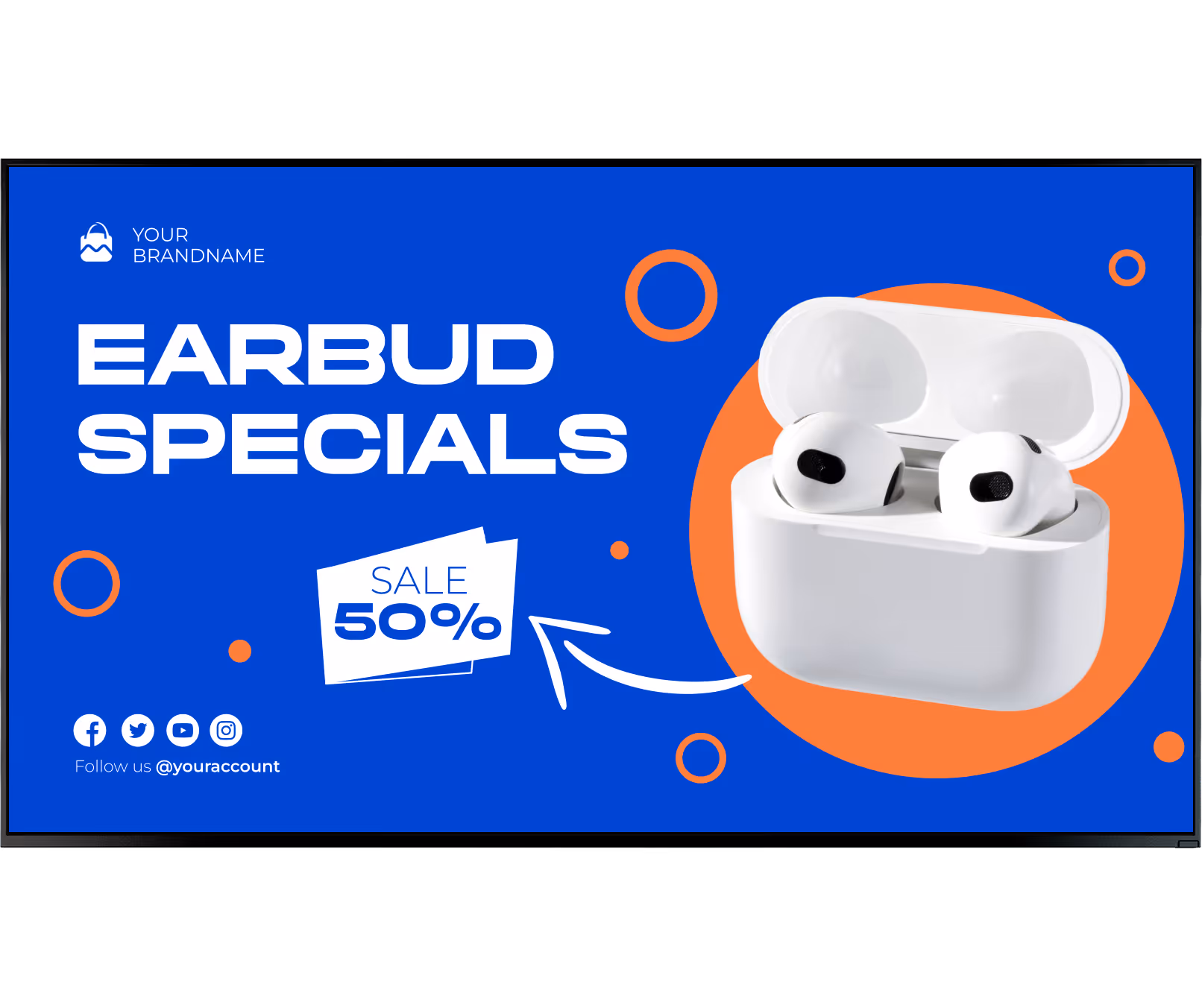 White wireless earbuds in an open charging case with a blue and orange background advertising 50% off earbud specials.
