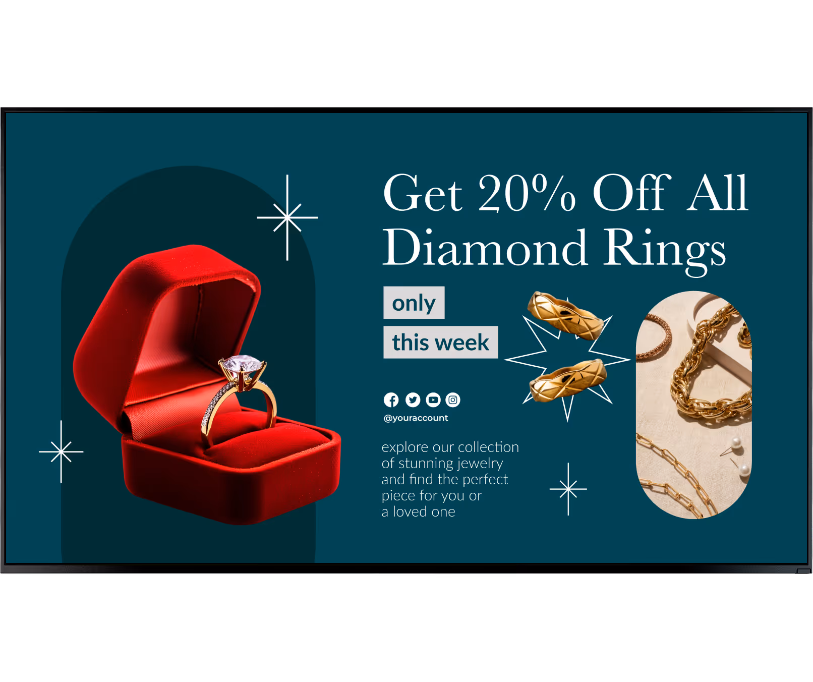 Open red velvet ring box with a diamond ring inside, alongside text offering 20% off all diamond rings for this week, with images of gold rings and chains on a dark teal background.