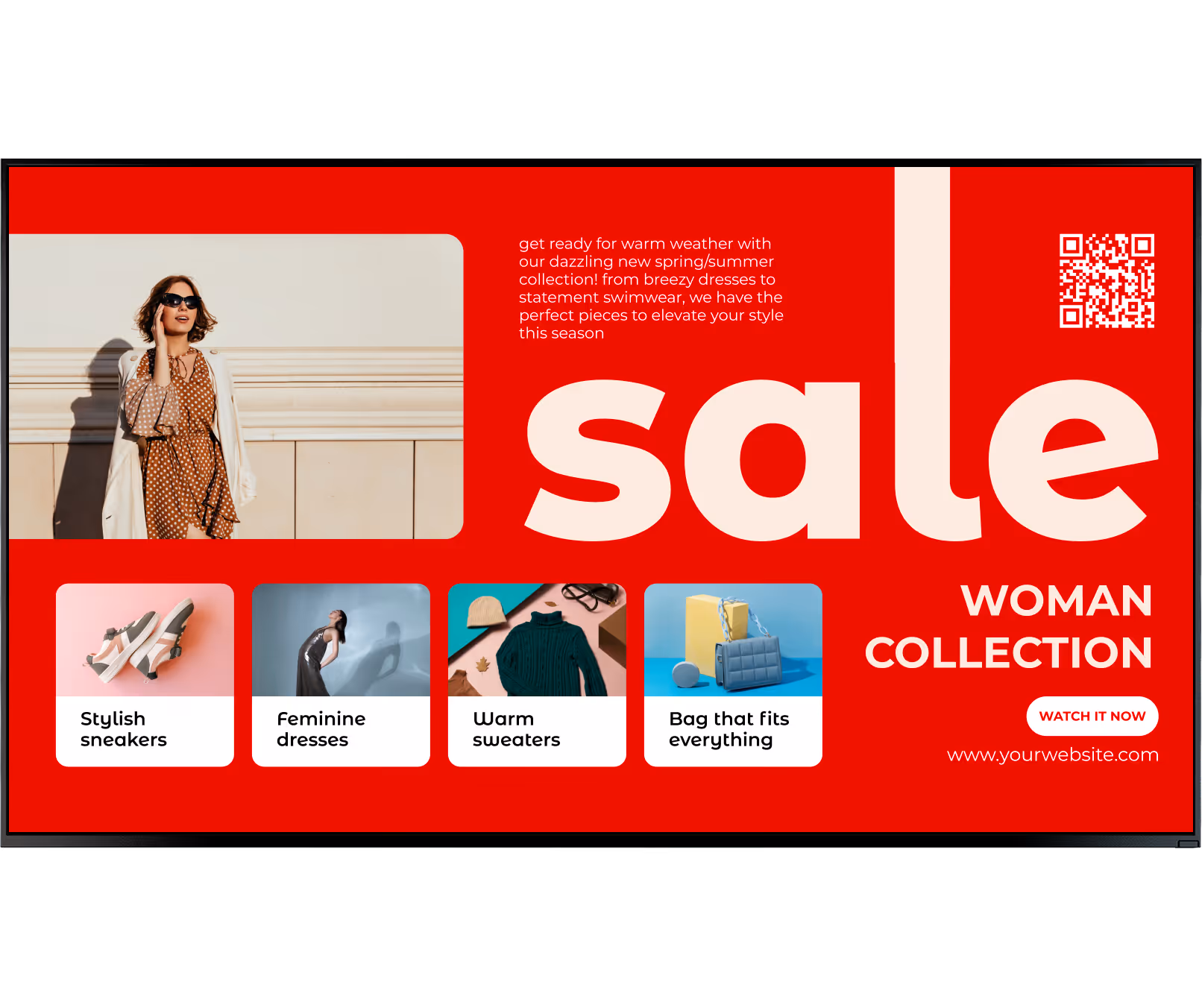 Woman in a polka dot dress and sunglasses standing against a beige wall, next to promotional text for a woman collection sale featuring stylish sneakers, feminine dresses, warm sweaters, and versatile bags.