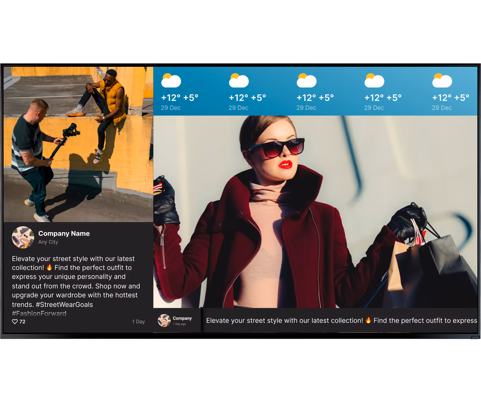 Fashion ad featuring a man filming a seated man against a yellow wall and a woman in sunglasses and a burgundy coat holding shopping bags, with weather icons and temperatures displayed above.