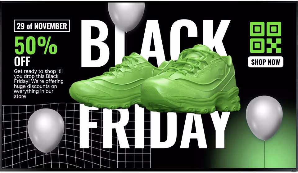 Black Friday sale advertisement with green sneakers, silver balloons, and text offering 50% off on November 29, including a QR code and shop now button.