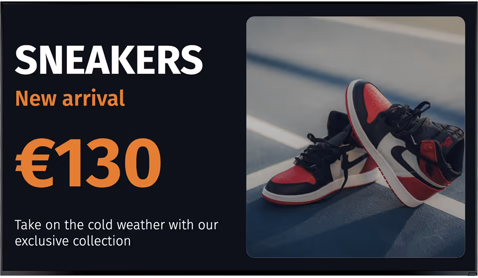 Black and red high-top sneakers displayed on an outdoor court with text advertising new arrival sneakers priced at €130.