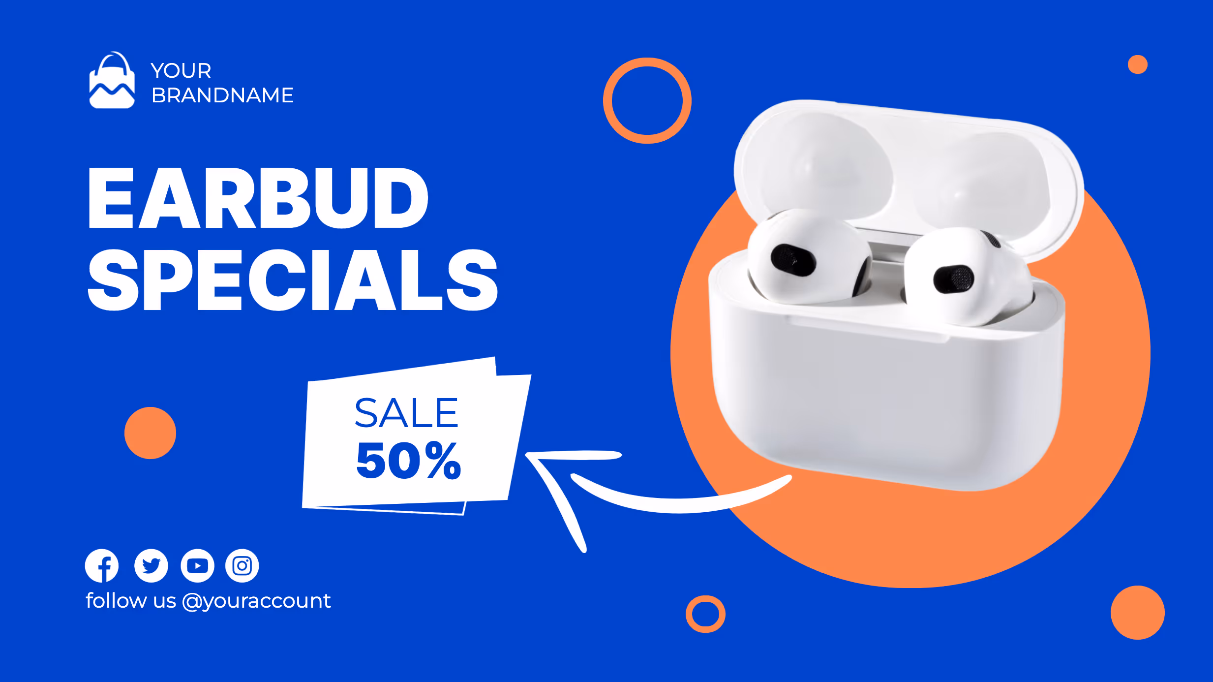 White wireless earbuds in an open charging case with 50% off sale text on a blue and orange background.