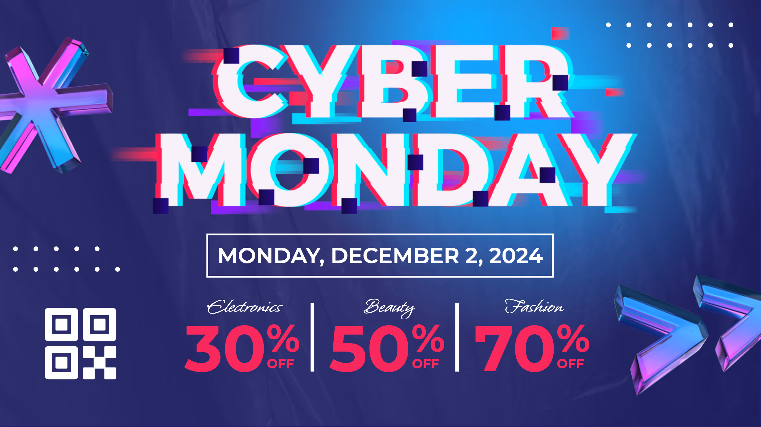 Cyber Monday sale announcement for Monday, December 2, 2024, with discounts of 30% on electronics, 50% on beauty, and 70% on fashion.