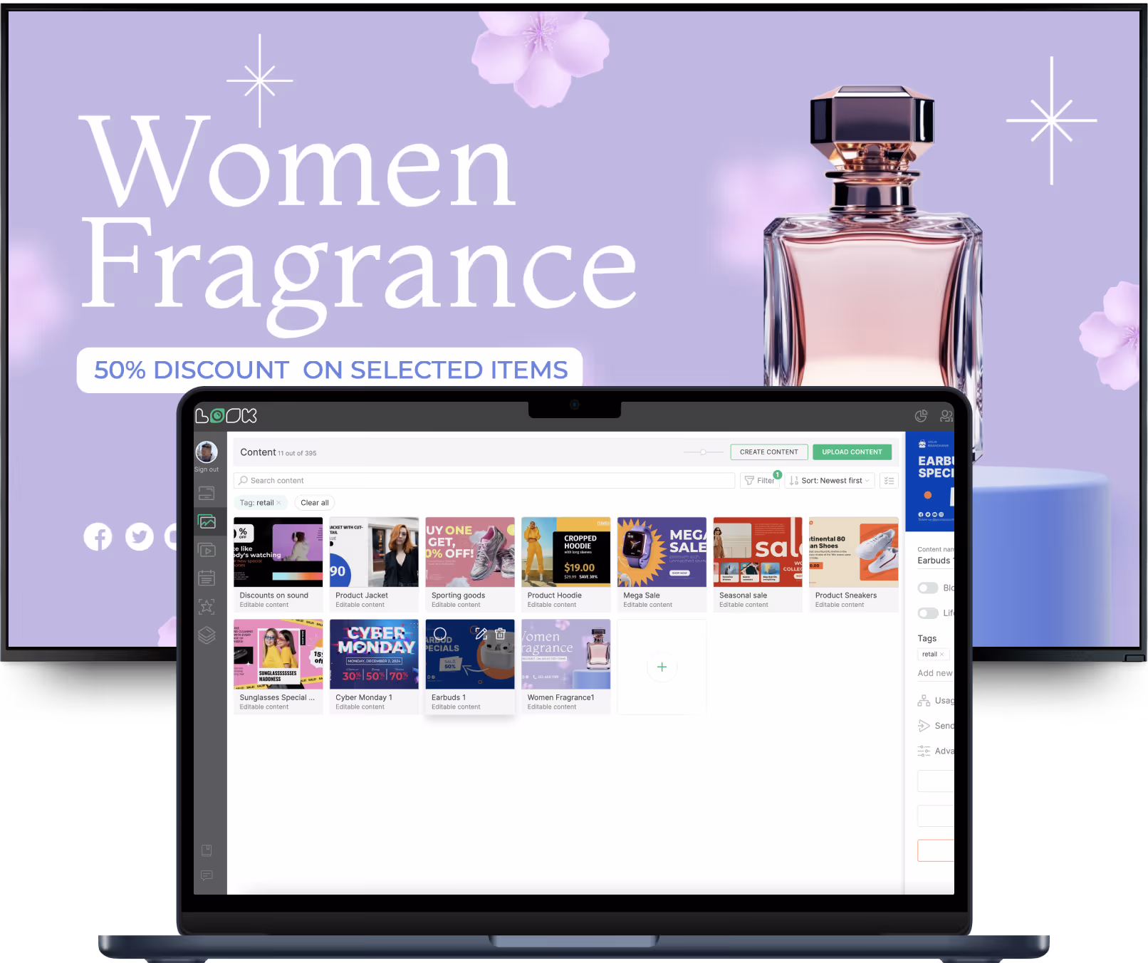 Laptop displaying content management software with thumbnails of promotional items, set against a background advertising women's fragrance with 50% discount.