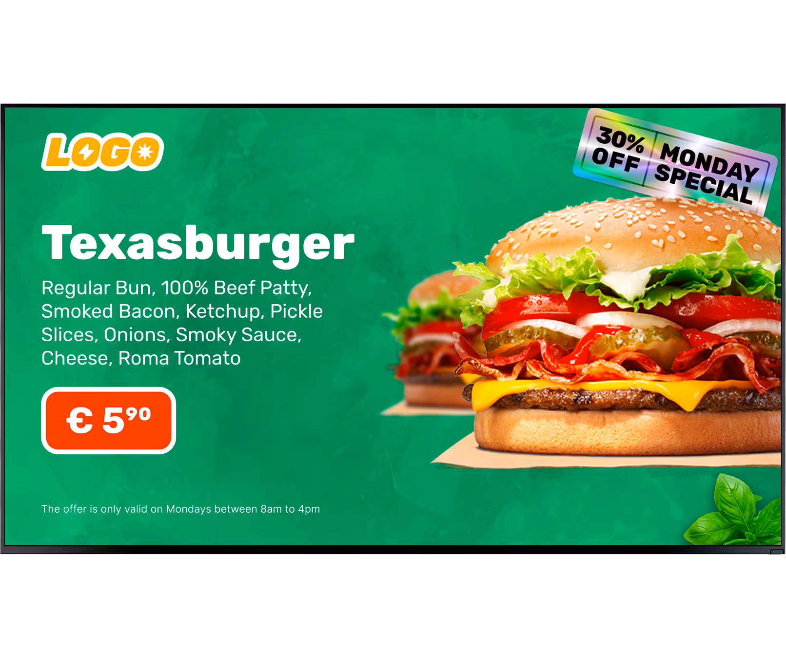 Texasburger with regular bun, 100% beef patty, smoked bacon, ketchup, pickle slices, onions, smoky sauce, cheese, and Roma tomato, priced at €5.90 with a 30% off Monday special.