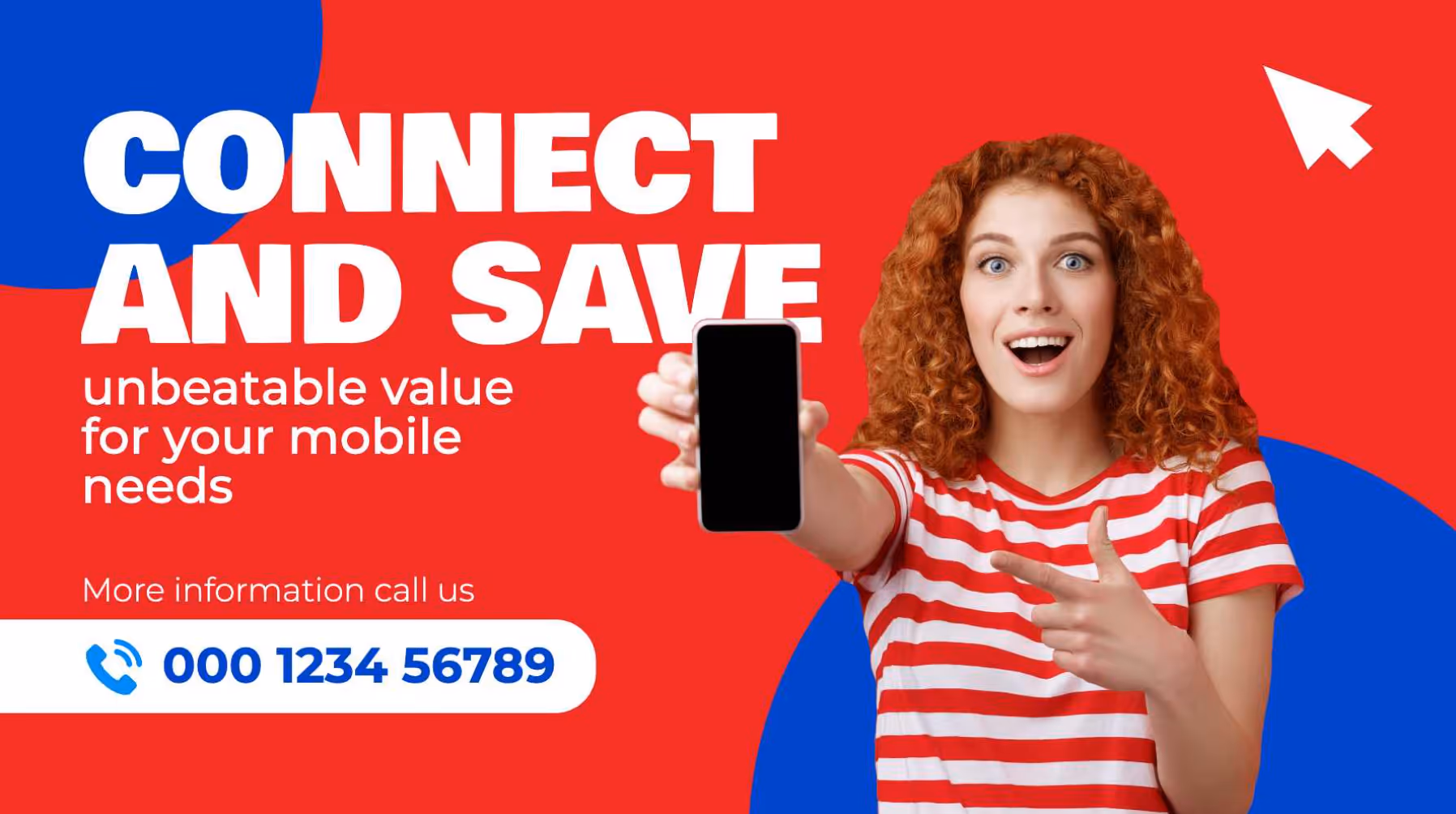 Excited woman in red and white striped shirt holding and pointing at a smartphone with red and blue background and text offering mobile savings and a contact phone number.