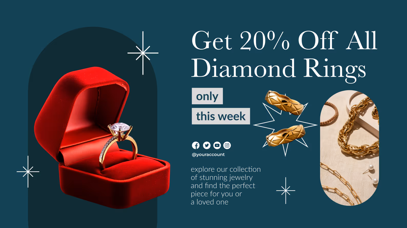 Promotional image showing a diamond ring in a red velvet box with text offering 20% off all diamond rings this week, alongside gold jewelry pieces and social media icons.