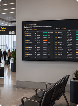 Mostrador de recepción en el vestíbulo de una oficina moderna con una gran pantalla que muestra el mensaje de bienvenida y la foto de Bruce Krause.