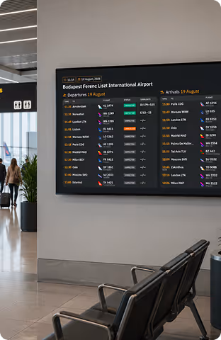 Modern office hallway with glass-walled conference room and digital display board on wall.