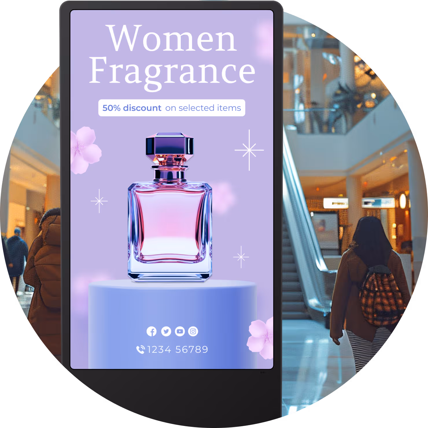 Digital ad in mall for women's fragrance with 50% discount and image of perfume bottle.