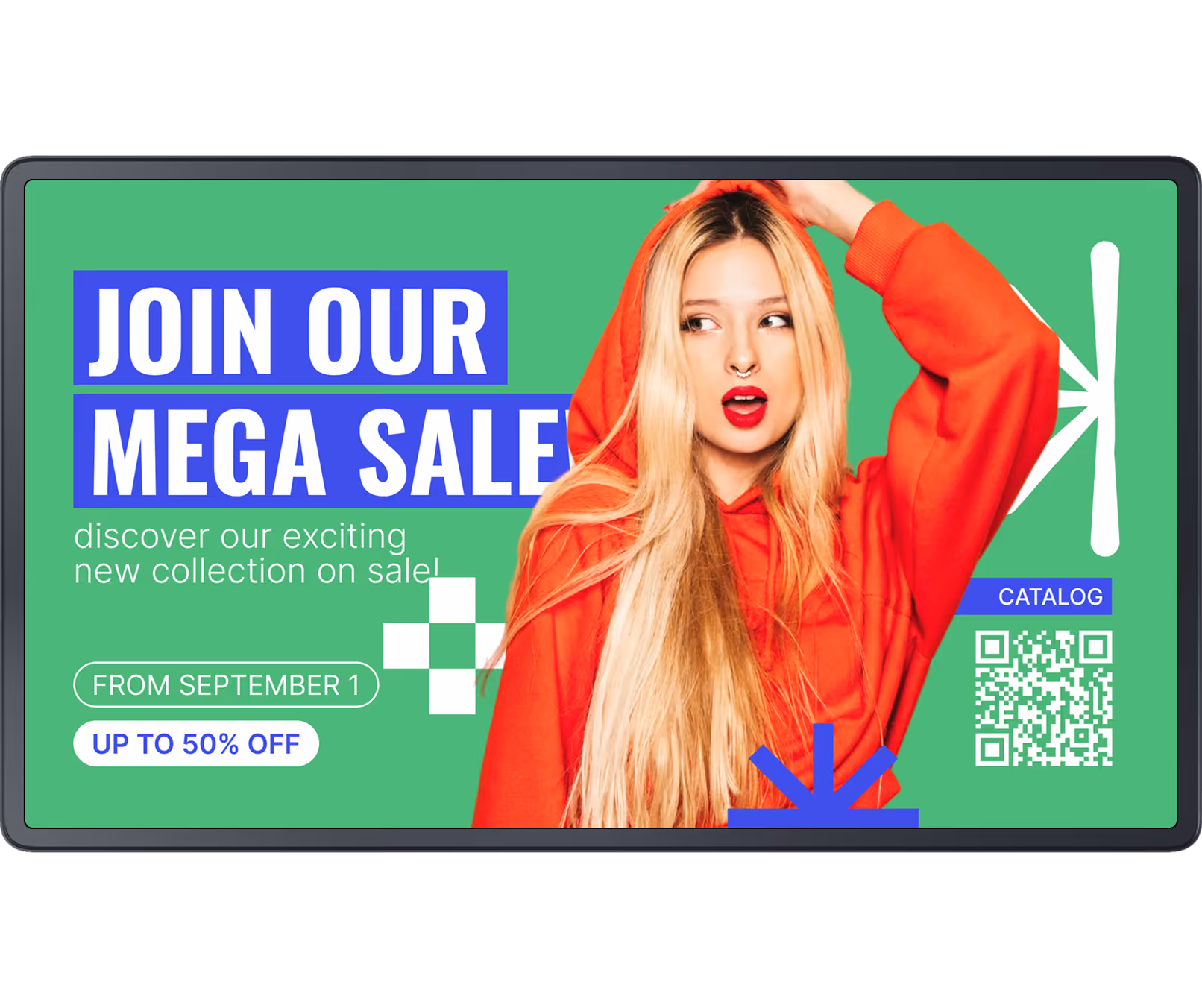 Blonde woman in red hoodie promoting a mega sale with up to 50% off starting September 1.