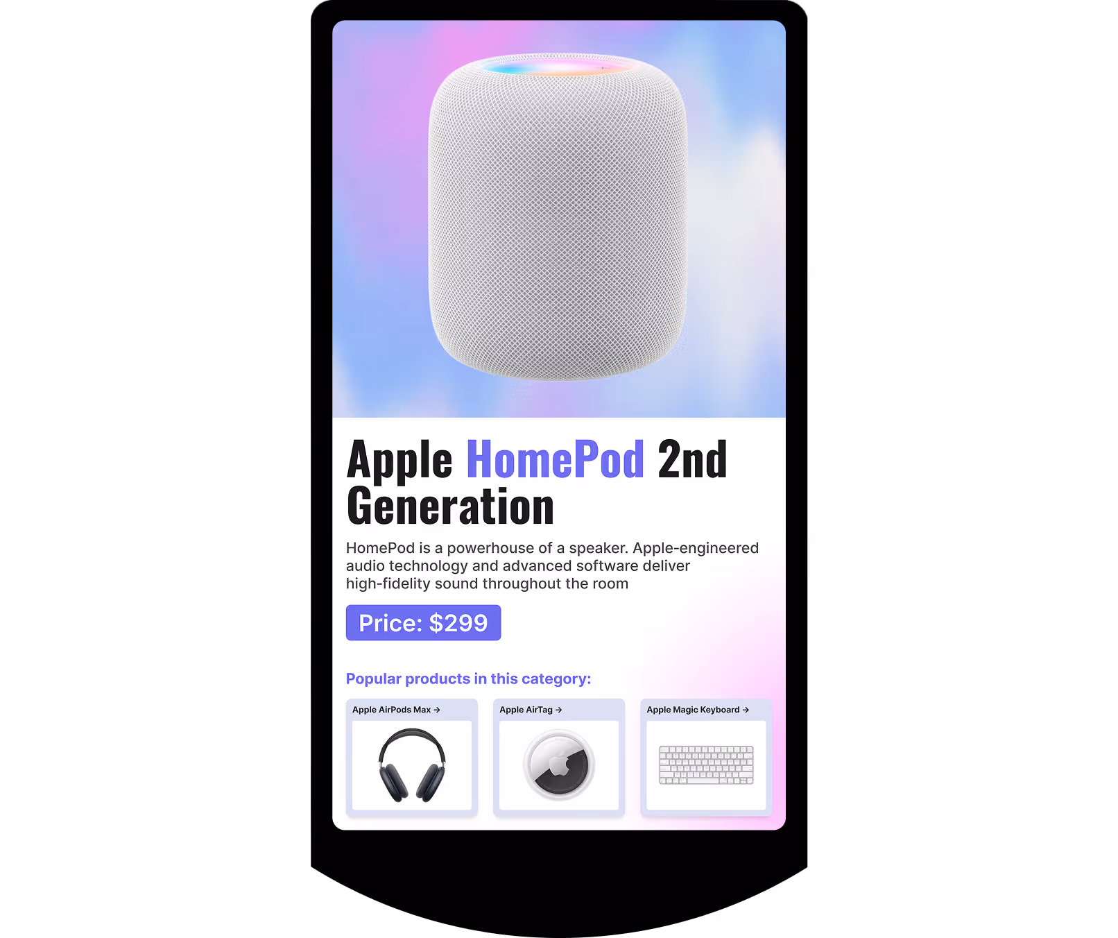 Apple HomePod 2nd Gen smart speaker with mesh design, priced at $299, with related Apple accessories below.