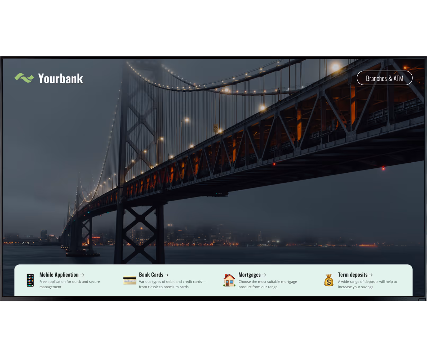 Lit suspension bridge over water at night with city lights and a bank services menu overlay.