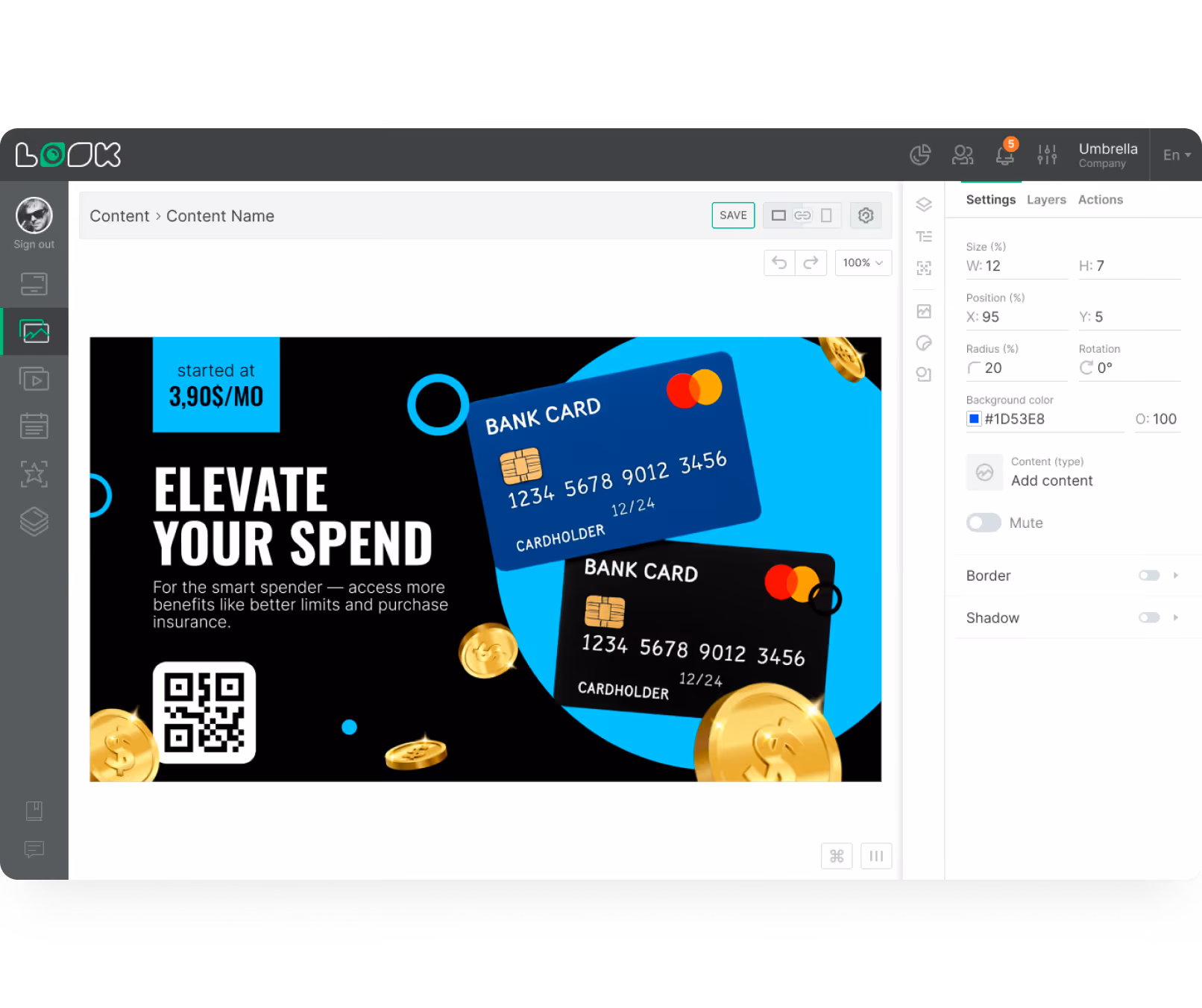 Screen showing a digital ad with two bank cards and text promoting spending benefits at $3.90 per month.