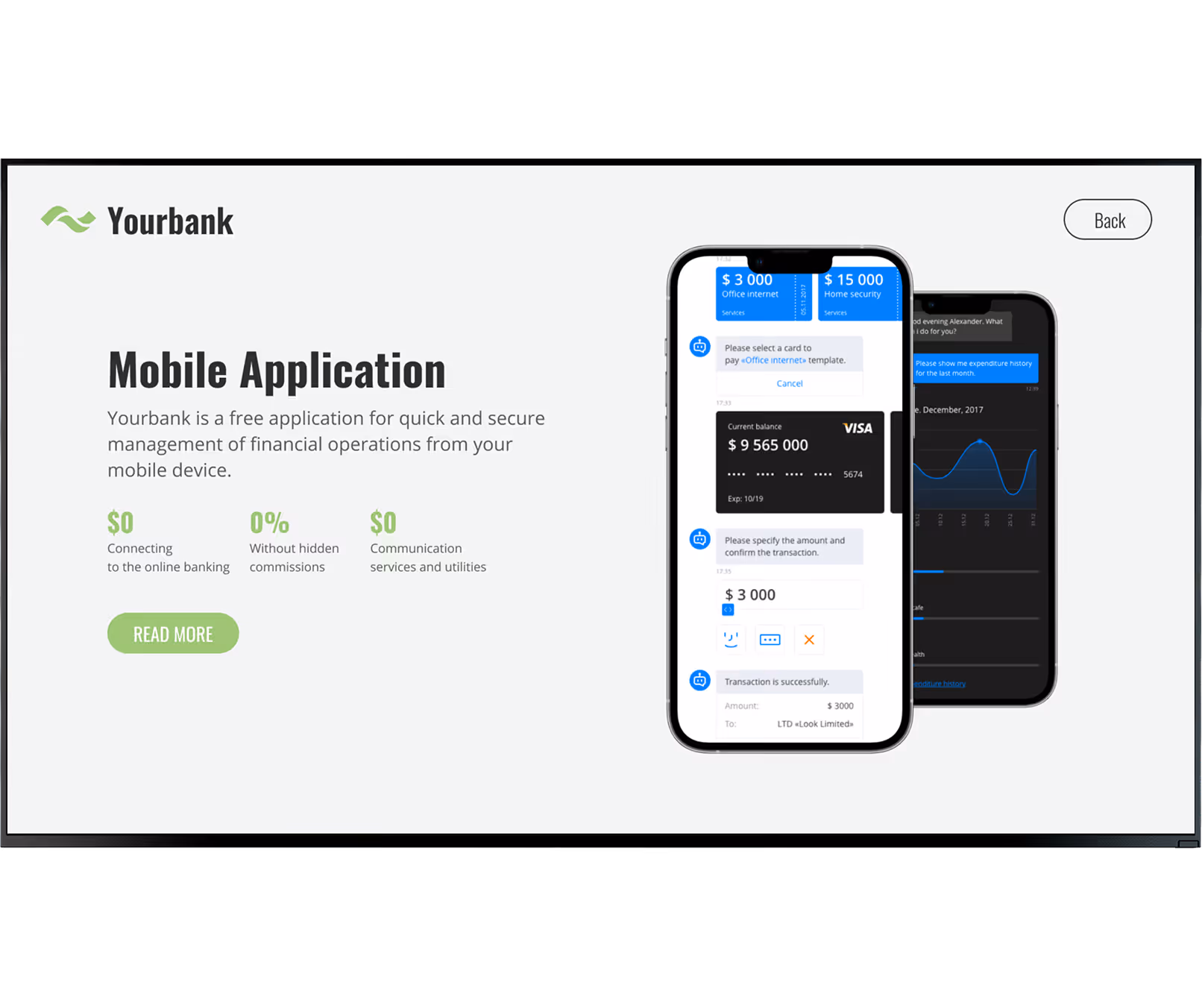 Yourbank app interface on phones showing financial operations, transactions, and expenditure history graphs.