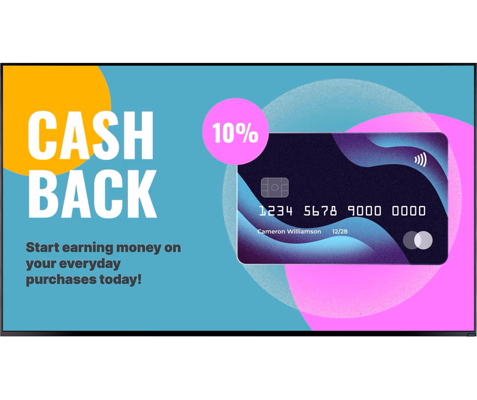 Credit card with 10% cashback offer and text about earning money on everyday purchases.