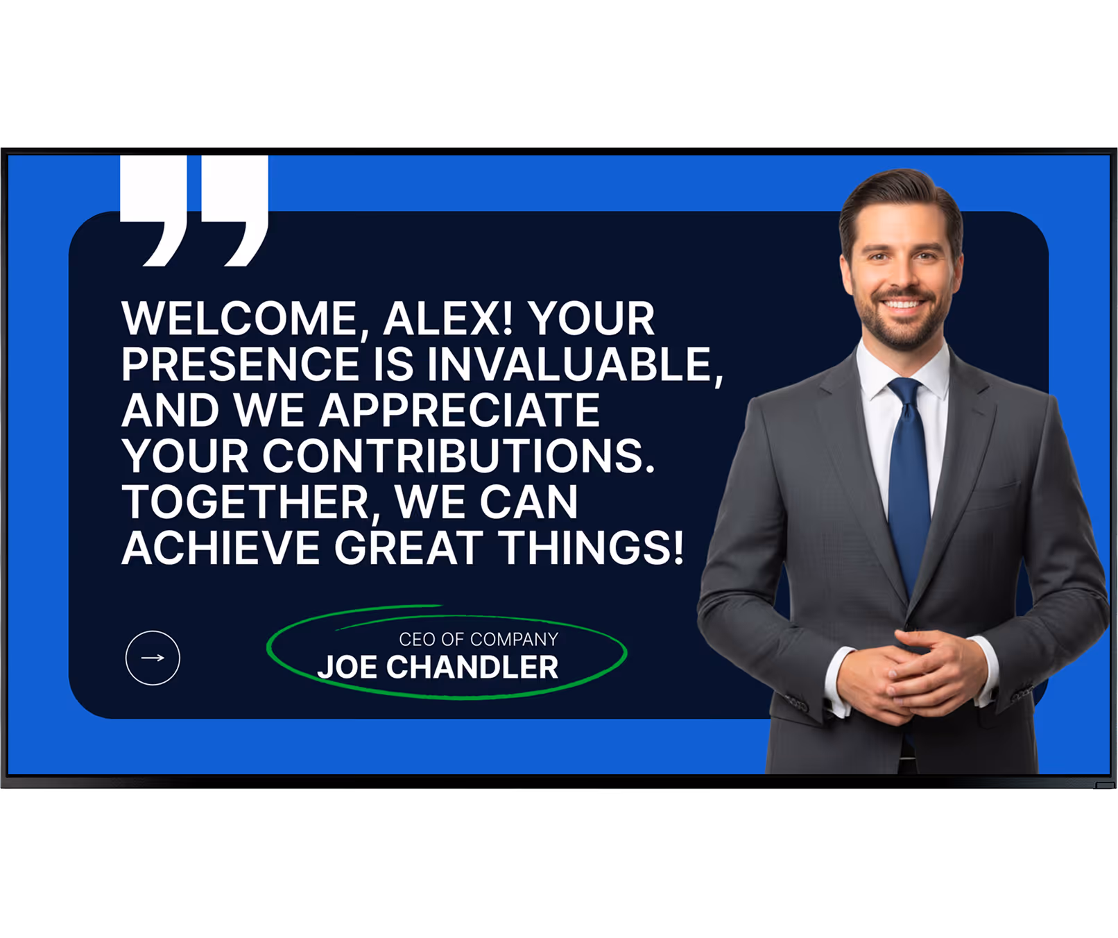 Smiling man in suit stands next to text welcoming Alex and appreciating contributions from Joe Chandler.