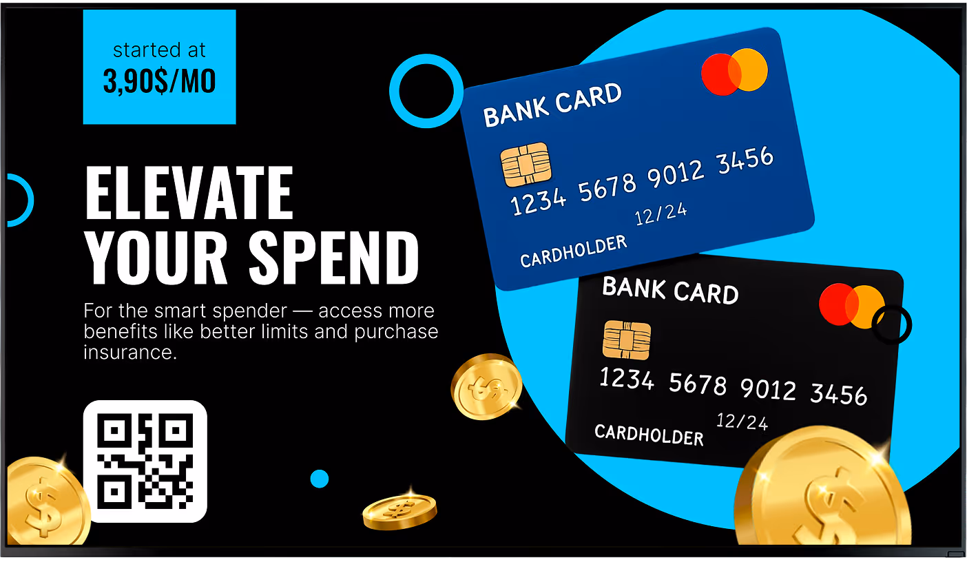 Promotional image with two bank cards, gold coins, and text about spending benefits starting at $3.90/mo.