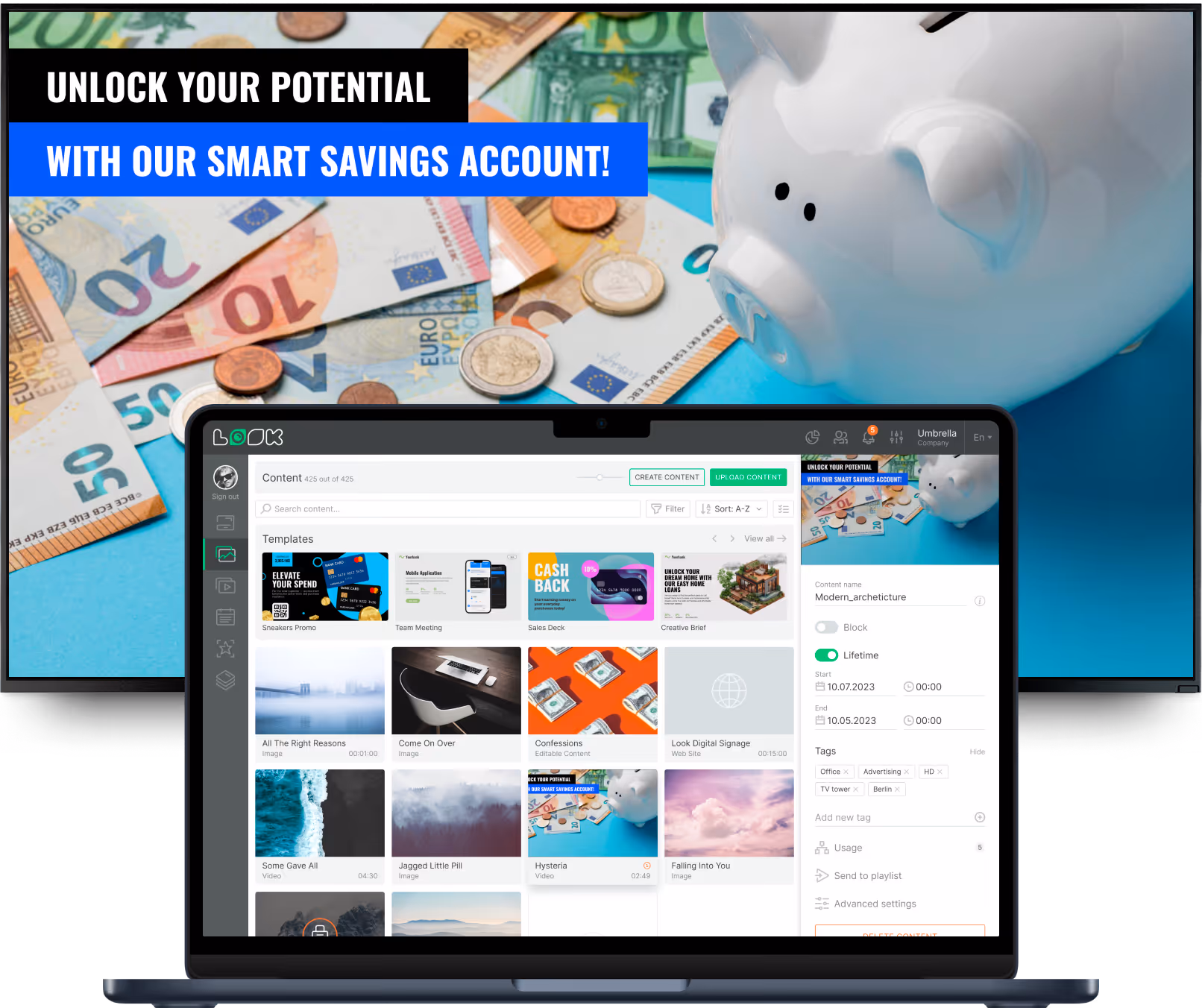 White piggy bank and euro bills behind laptop showing content management interface.