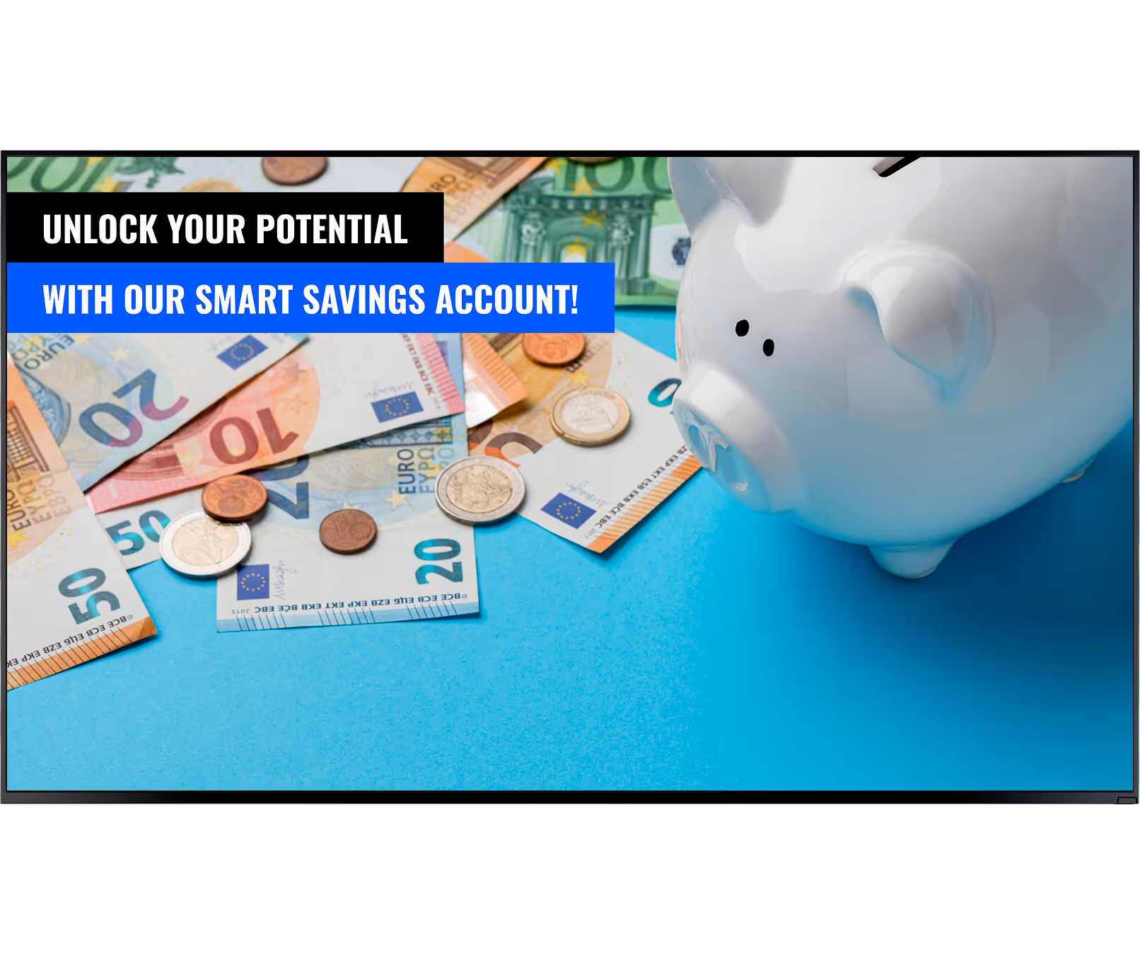 White piggy bank on blue surface with scattered Euro bills and coins and text about smart savings account.