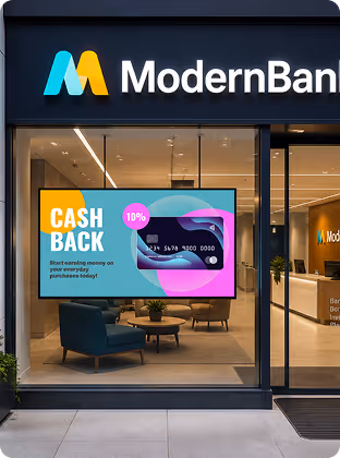 Reception desk in a modern office lobby with a large screen showing Bruce Krause's welcome message and photo.