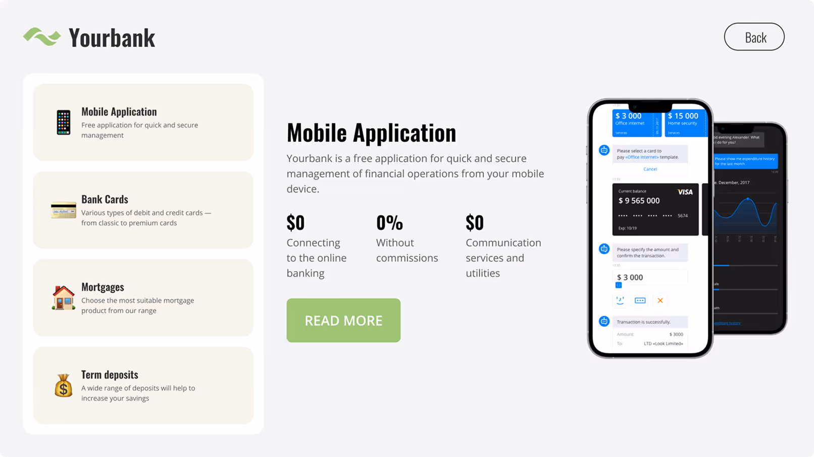 Yourbank app details showing features like mobile app, bank cards, mortgages, deposits, and phone screens with transactions.