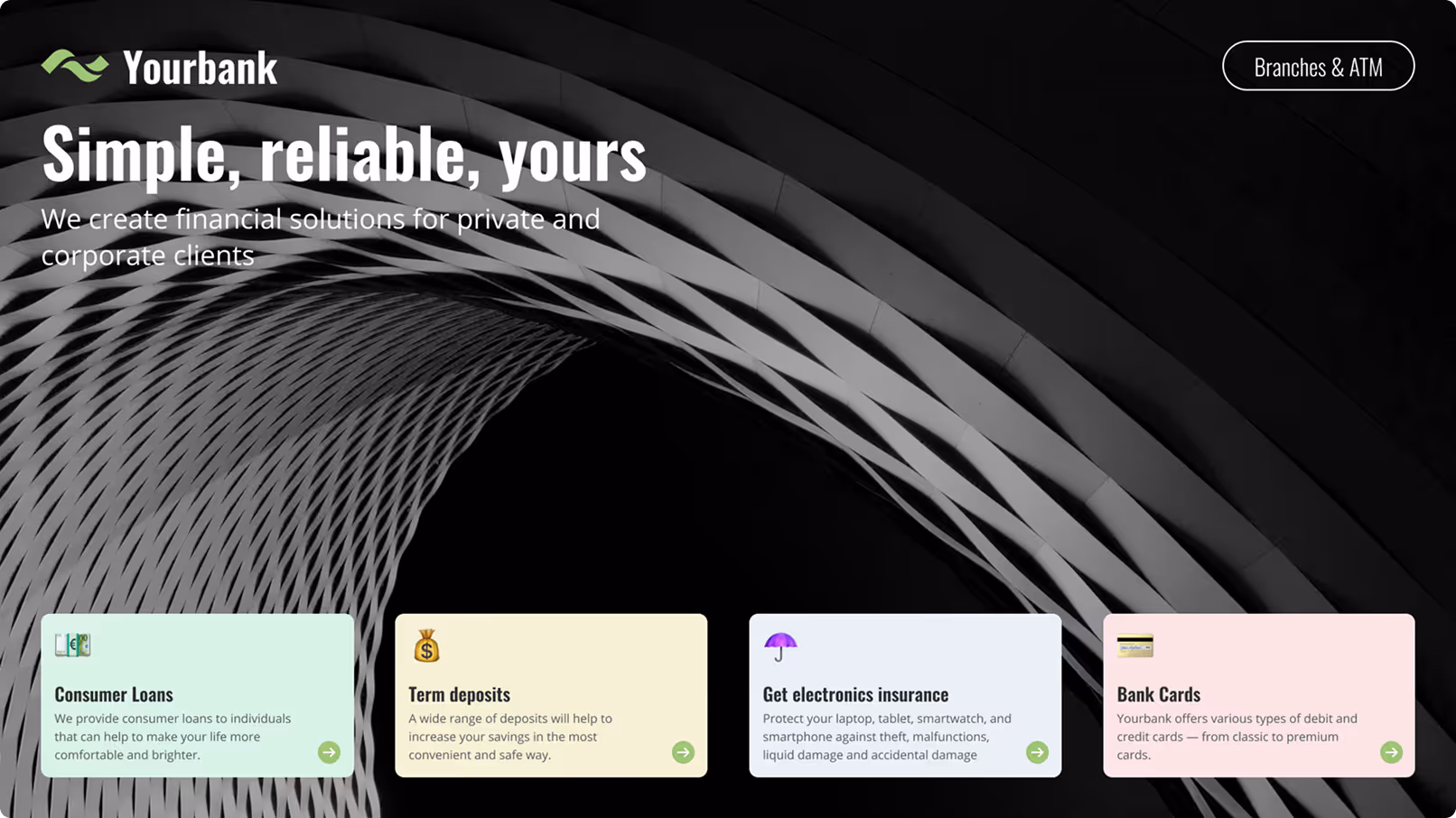 Yourbank homepage with financial services: loans, deposits, electronics insurance, and bank cards offers.